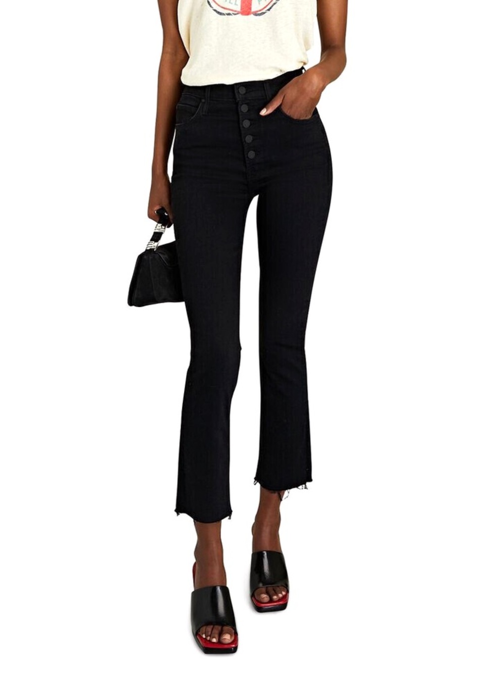 MOTHER Black High-Rise Button-Fly Cropped Flare Jeans